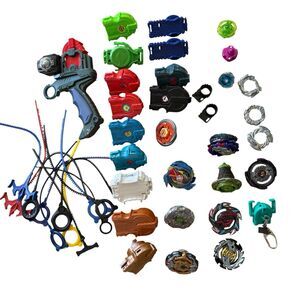 Beyblade Lot 43 Piece Tops, Launchers Grip Launcher Ripcords Tools Parts Bundle